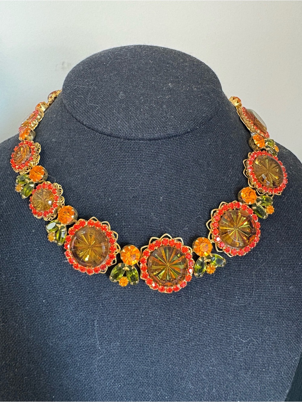 Stunning vintage orange green rhinestone necklace 16” choker heavy quality